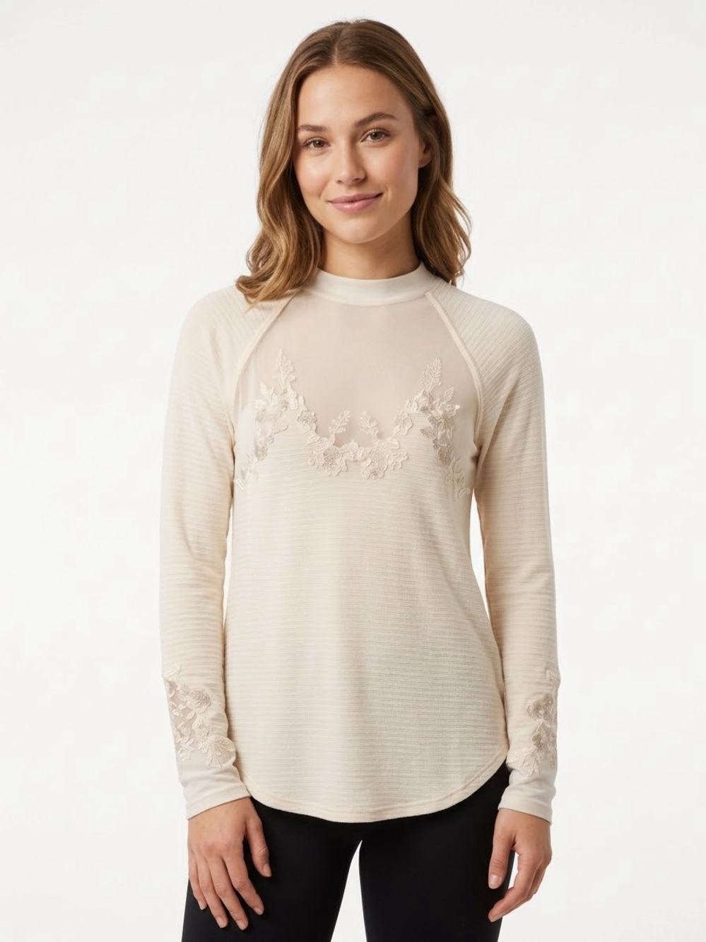 Free People Cream Mesh Long Sleeve Top Tunic Embroidered XS